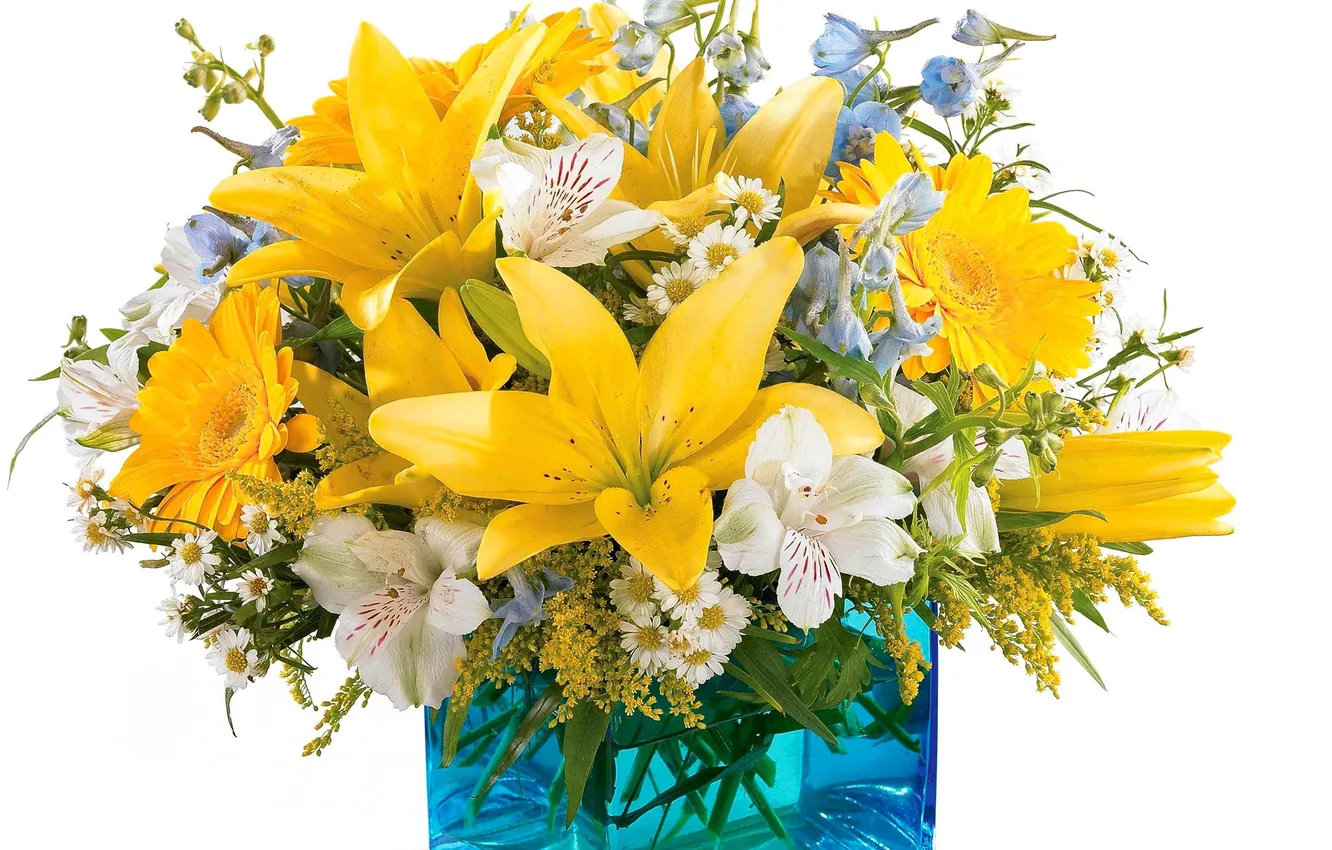 Фото обои лилии, ромашки, букет, ваза