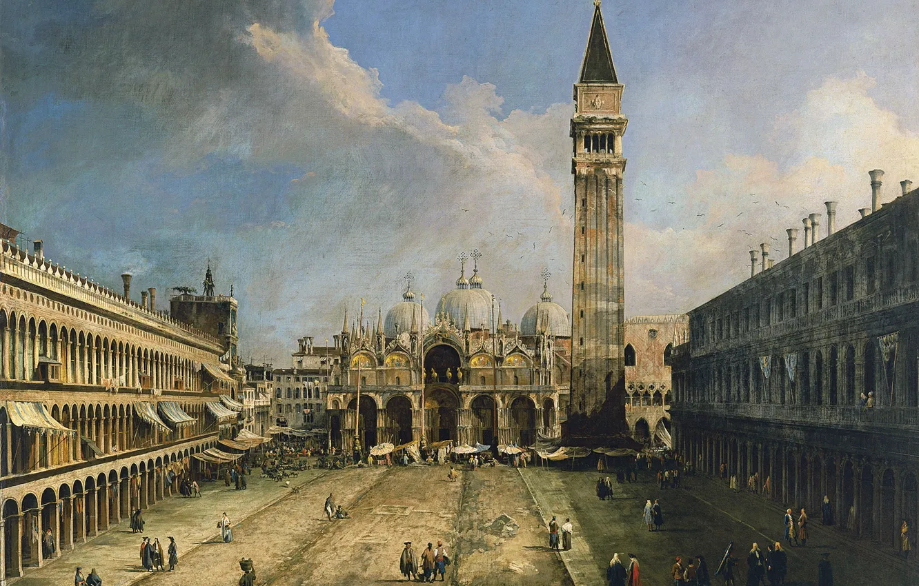 Фото обои картина, городской пейзаж, кампанила, Джованни Антонио Каналетто, Площадь Сан-Марко в Венеции