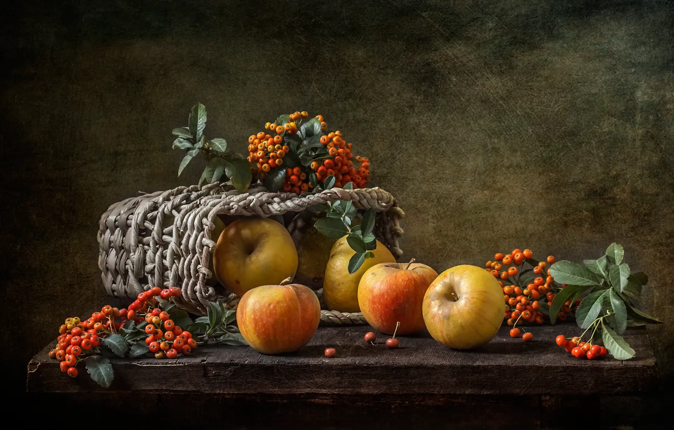 Фото обои ягоды, фон, яблоки, натюрморт, корзинка, пираканта