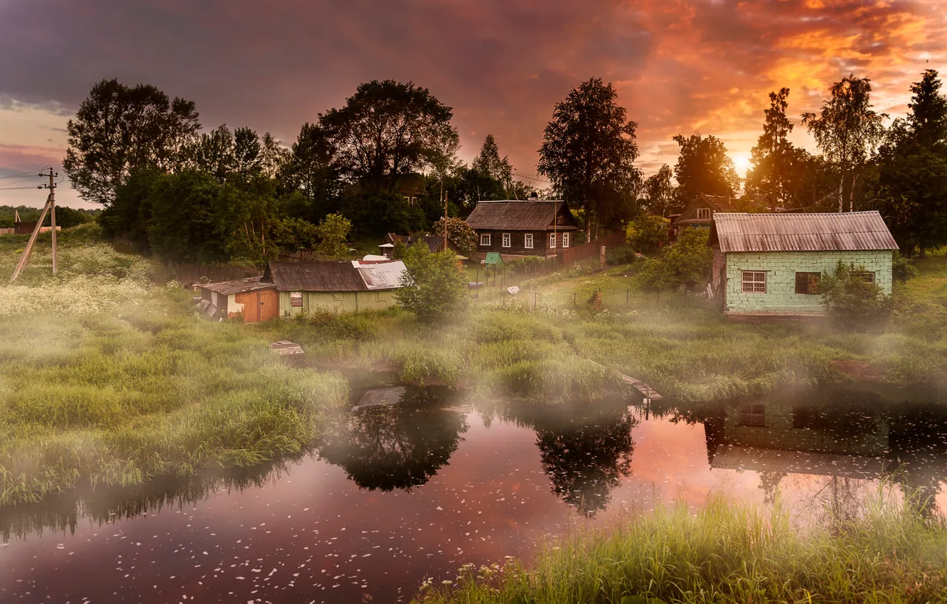 Фото обои лето, утро, деревня, Morning in the village