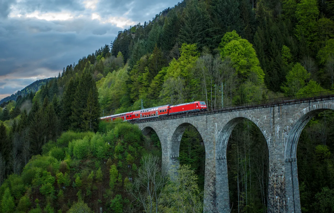 Фото обои пейзаж, мост, поезд
