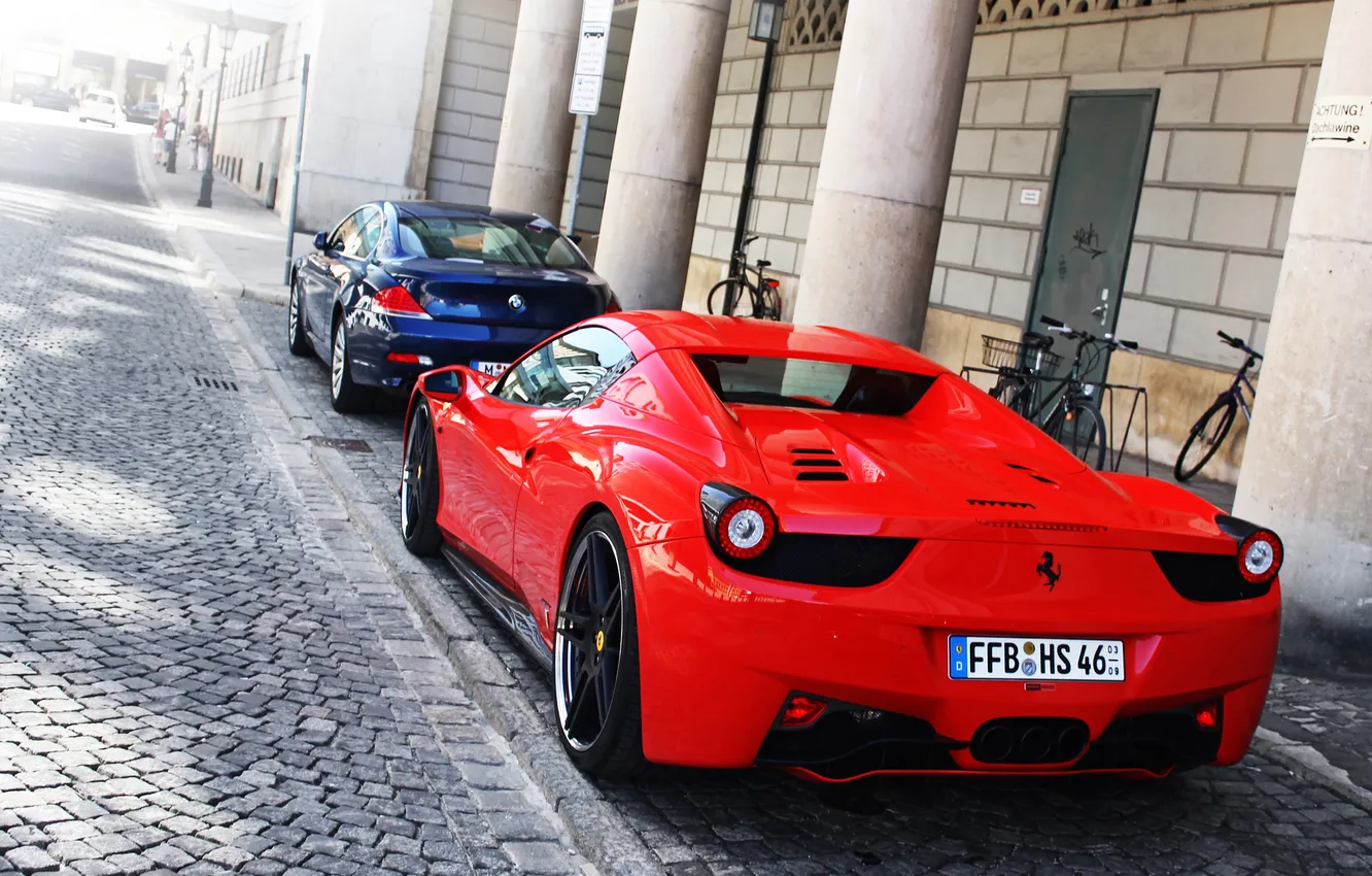 Фото обои город, улица, bmw, бмв, Ferrari, red, феррари, 458