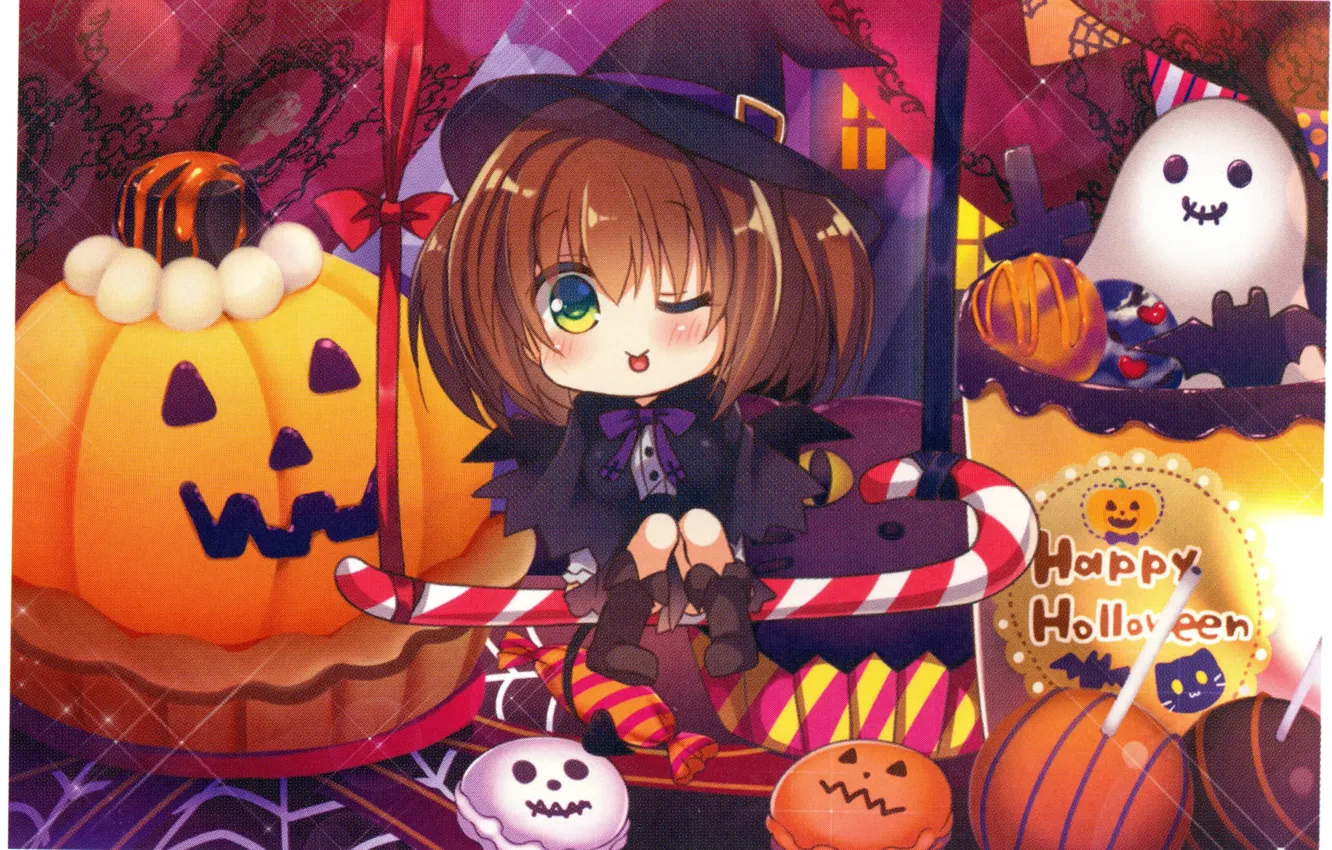 Фото обои качели, сладости, halloween, светильник Джека, привидение, pumpkins, черный плащ, шляпа ведьмы