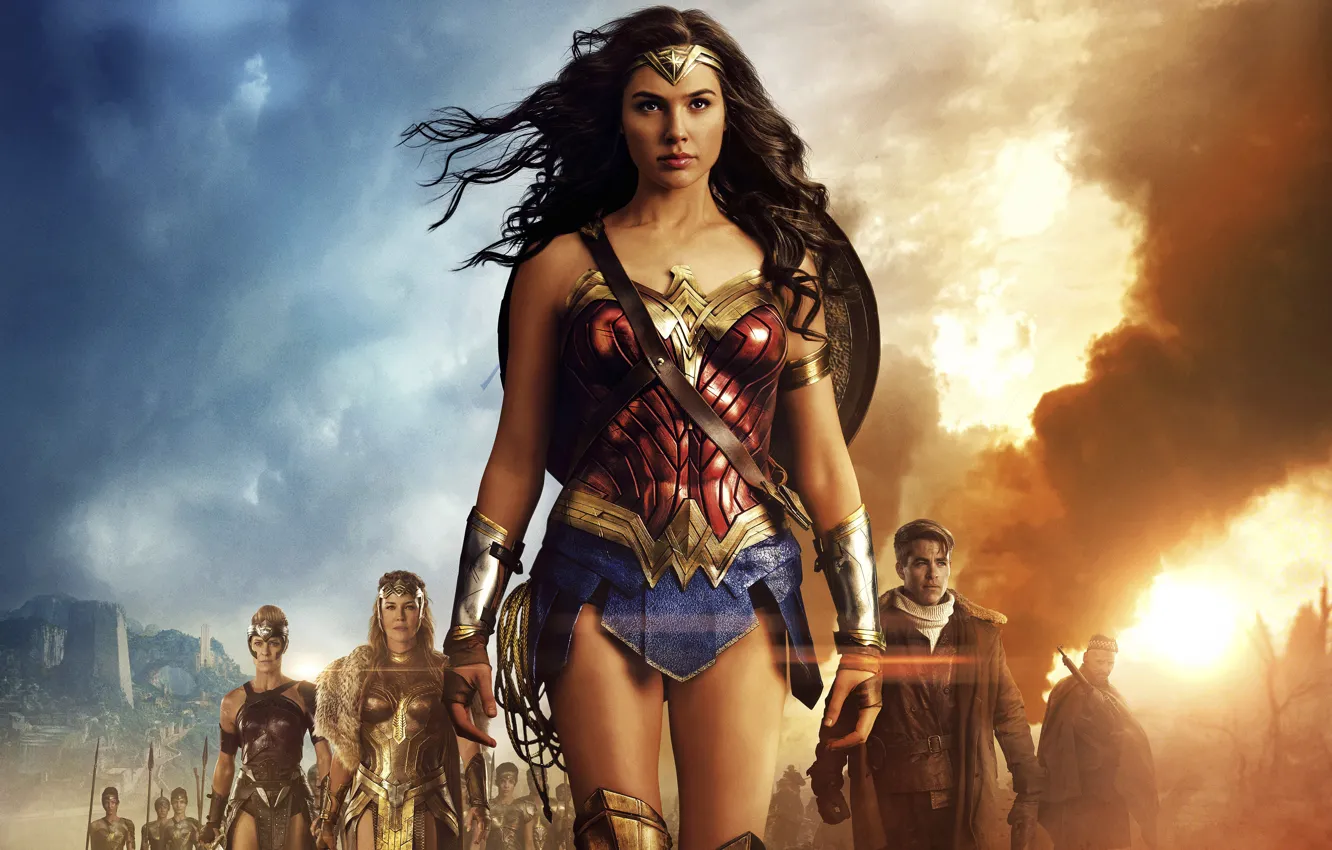 Фото обои cinema, Wonder Woman, armor, movie, brunette, film, Chris Pine, warrior