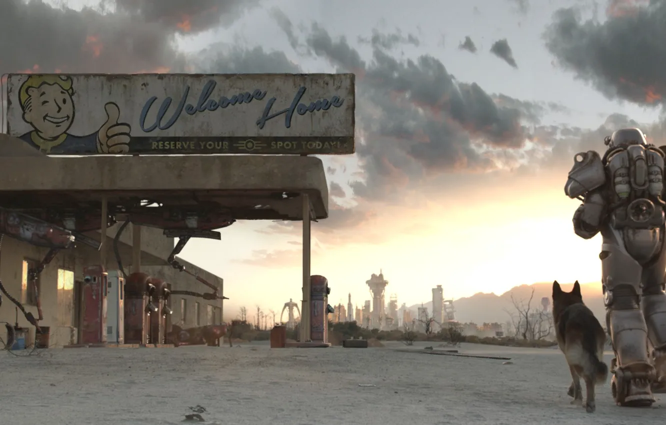 Фото обои собака, станция, бег, экипировка, Fallout 4, The Wanderer Trailer