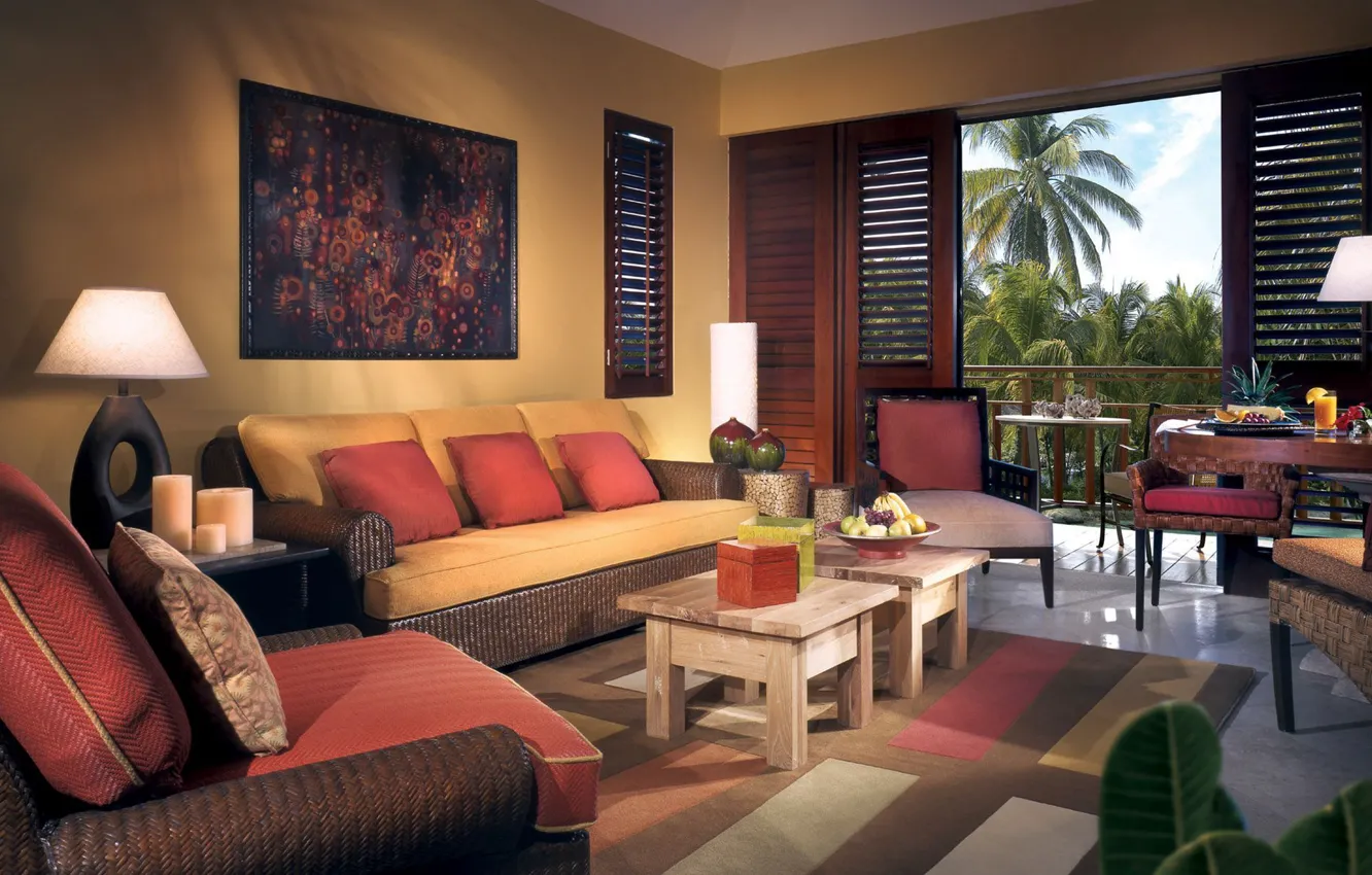 Фото обои пальмы, комната, диван, интерьер, балкон