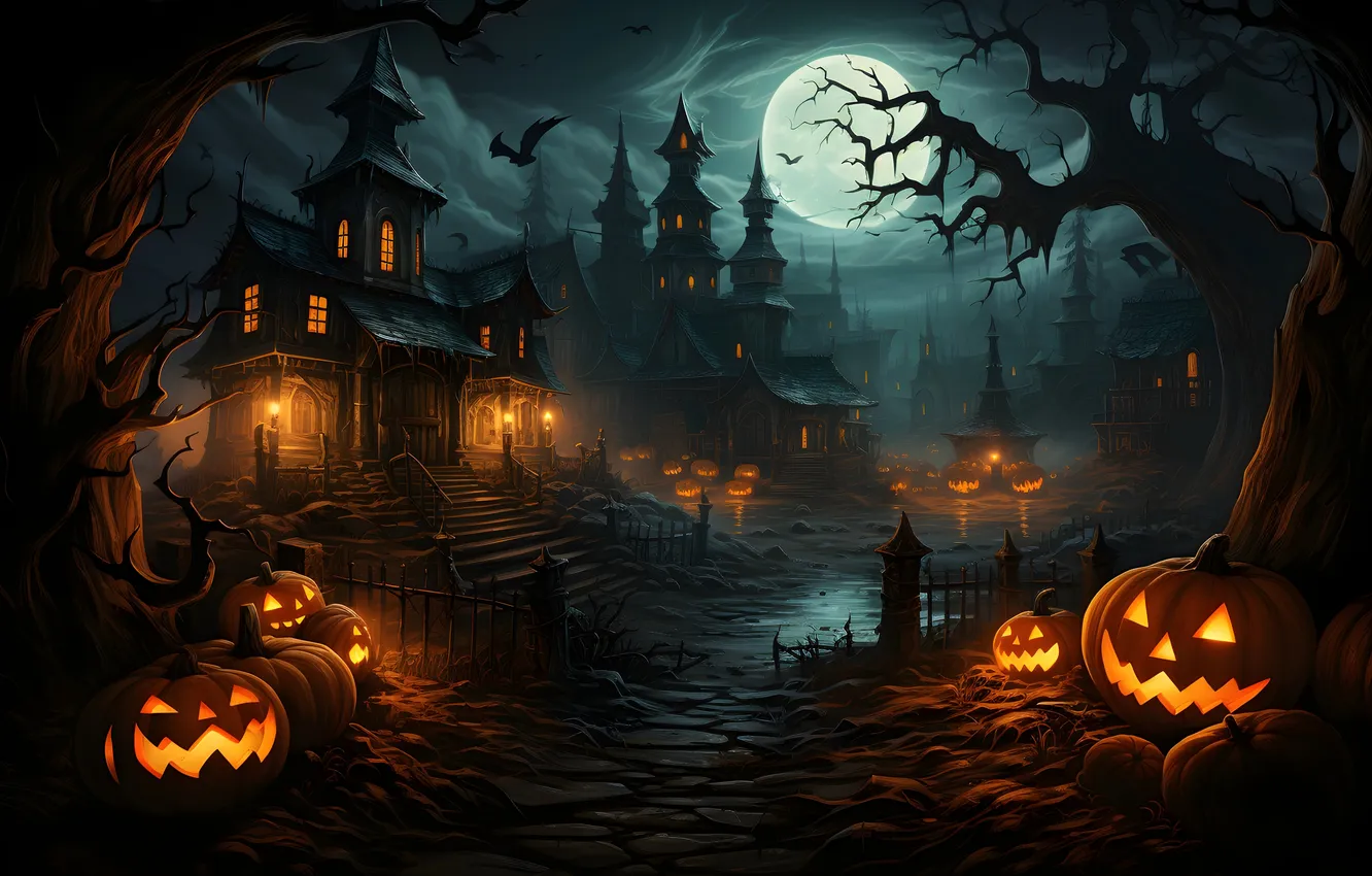 Фото обои Дома, Огни, Ночь, Деревья, Луна, Тучи, Тыквы, Halloween