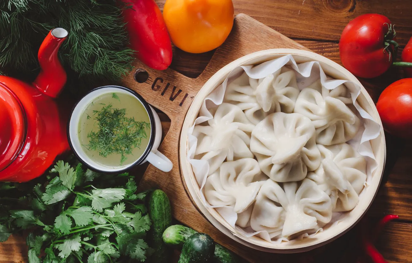 Фото обои перец, Бульон, помидоры, петрушка, огурцы, хинкали