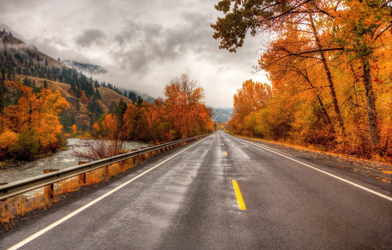 Фото обои дорога, осень, горы, река, road, river, trees, autumn