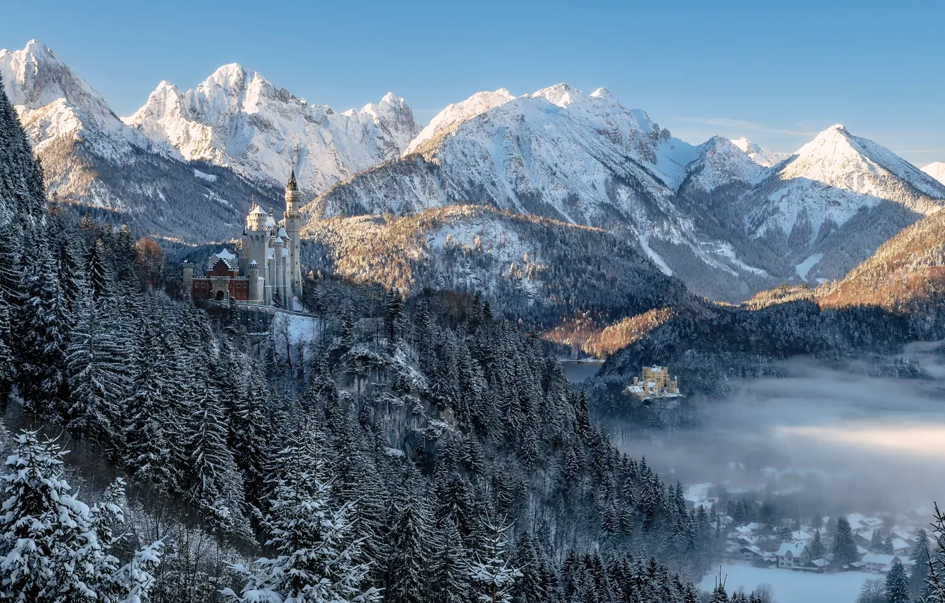 Фото обои зима, лес, деревья, горы, замок, Германия, Бавария, Germany