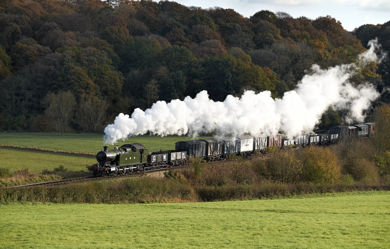 Фото обои природа, дым, поезд, паровоз, вагоны