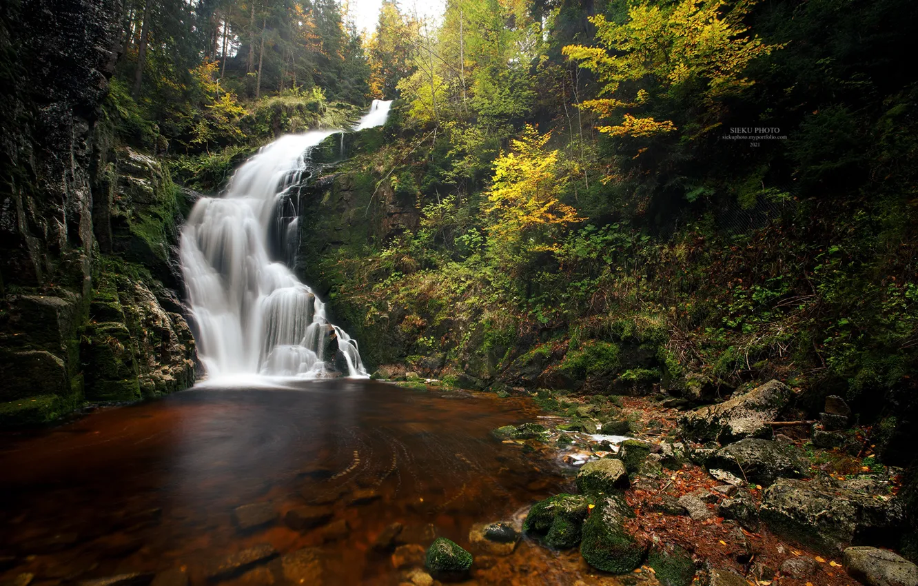 Фото обои осень, лес, пейзаж, природа, камни, водопад