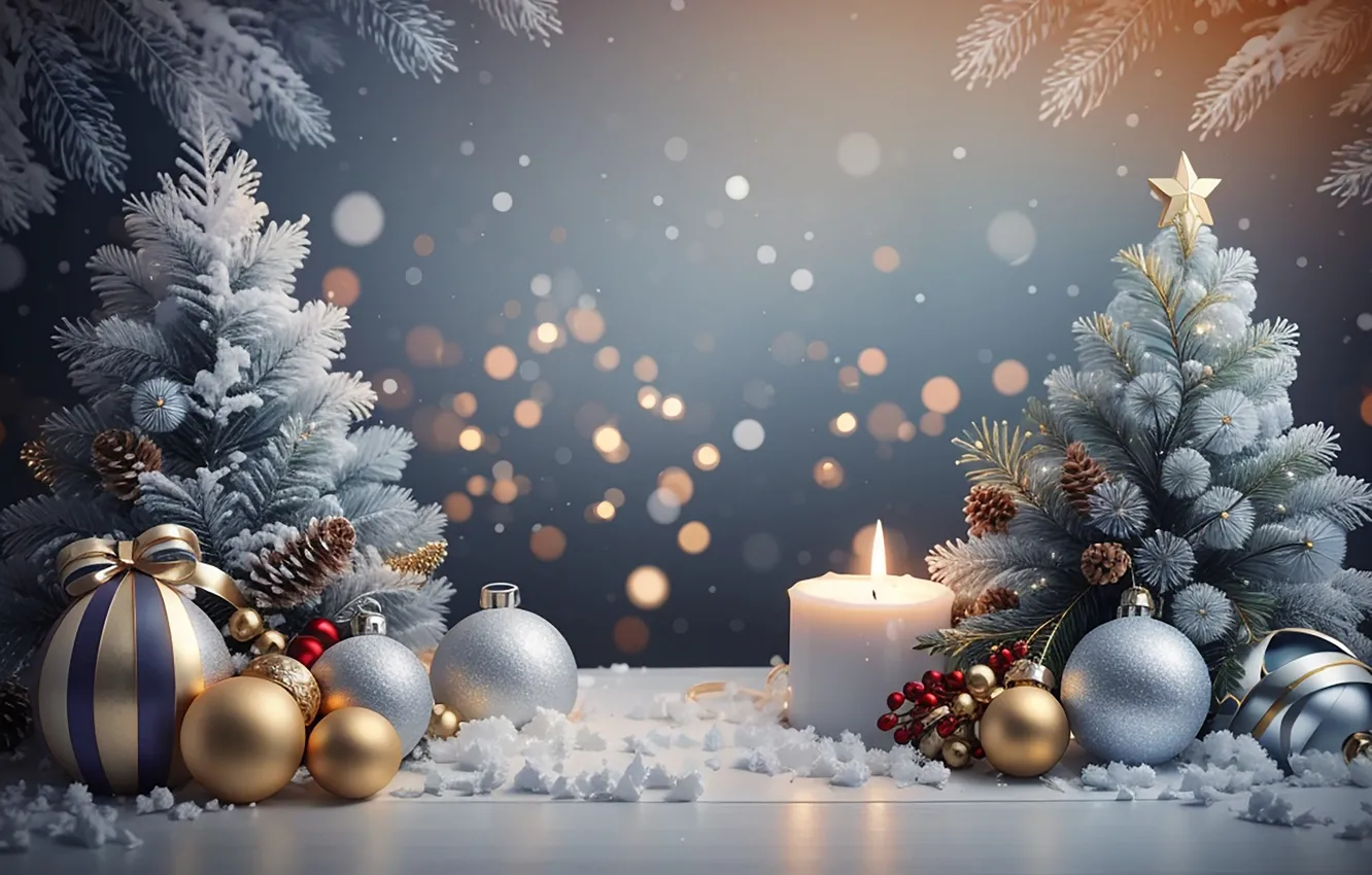 Фото обои зима, снег, украшения, шары, елка, Новый Год, Рождество, golden