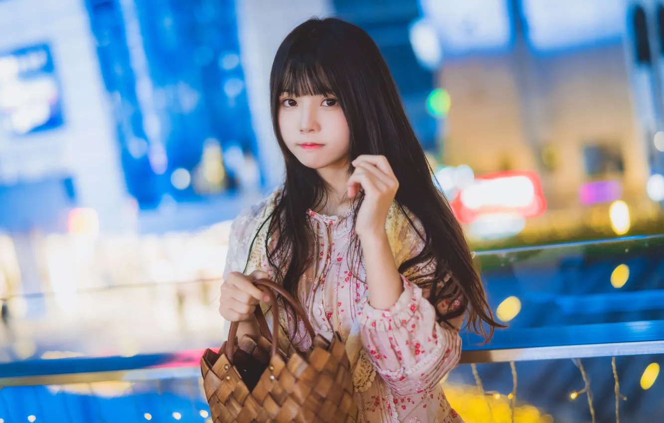 Фото обои Beautiful, Asian, Model, Lights, Night, Woman, Building, Cute