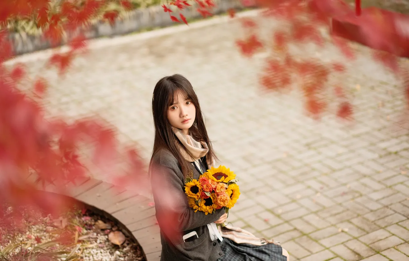Фото обои Beautiful, Asian, Model, Tree, Flowers, Woman, Bouquet, Cute