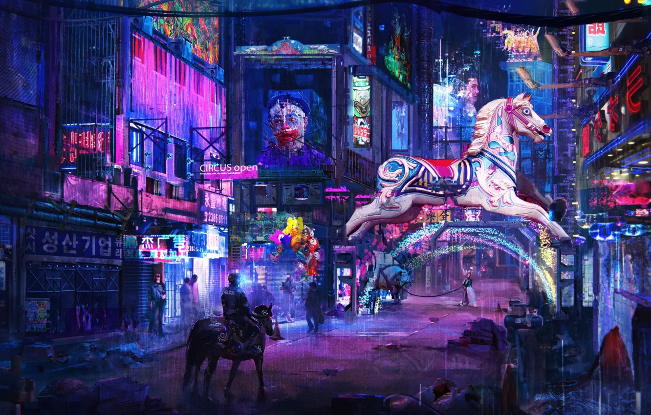 Фото обои город, огни, улица, коняшка, cyberpunk weird circus