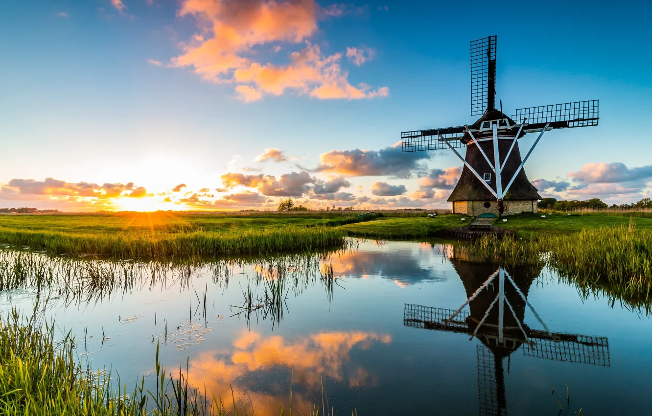 Фото обои утро, мельница, канал, Нидерланды, Голландия
