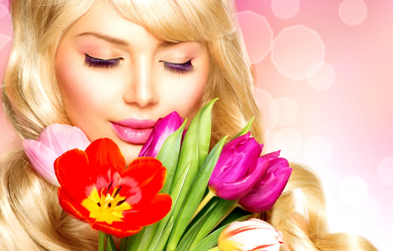 Фото обои девушка, ресницы, модель, блондинка, весна. цветы