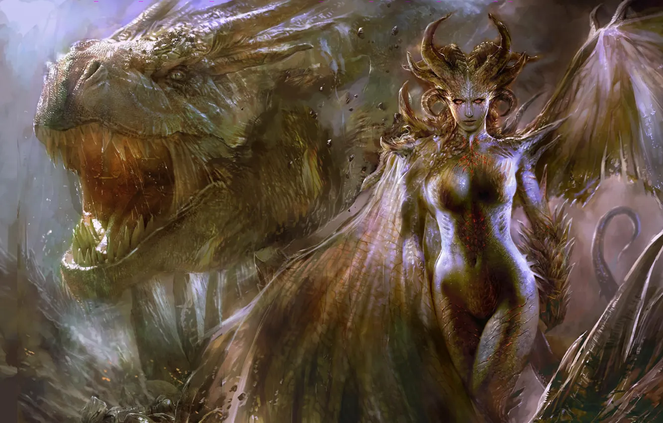 Фото обои дракон, Девушка, демон