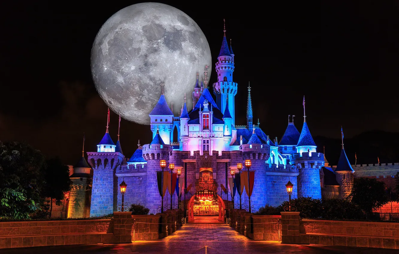 Фото обои ночь, замок, луна, Диснейленд
