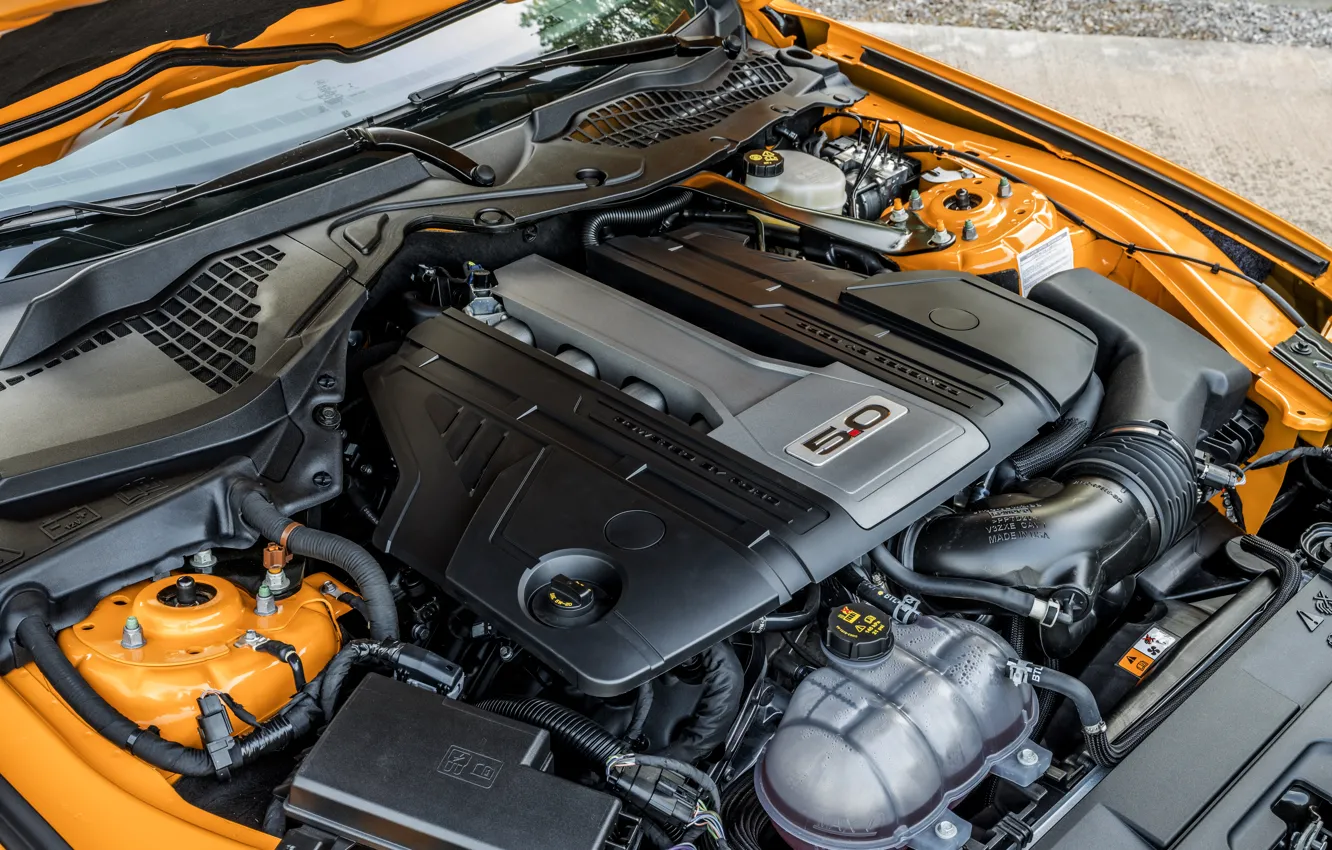 Фото обои двигатель, Ford, 2018, фастбэк, Mustang GT 5.0