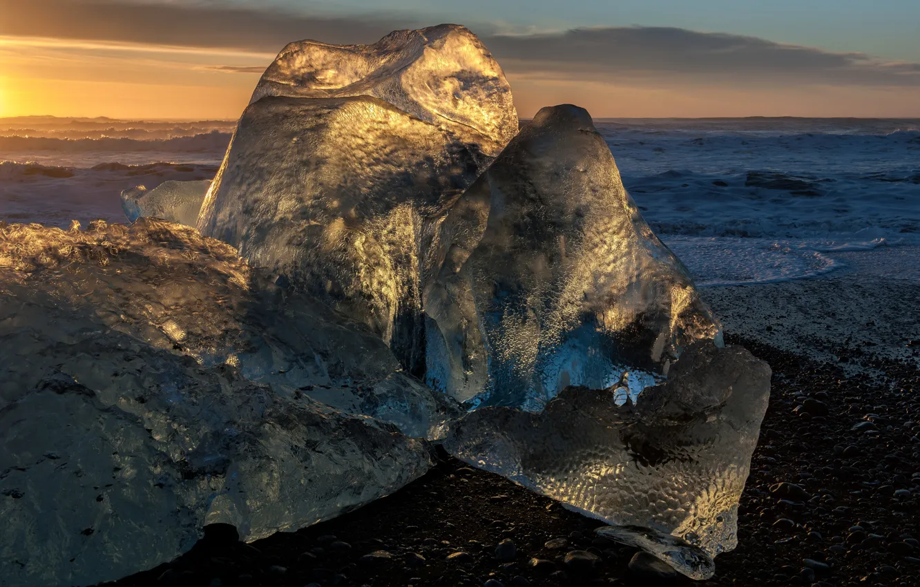 Фото обои лед, море, солнце, закат, льдина
