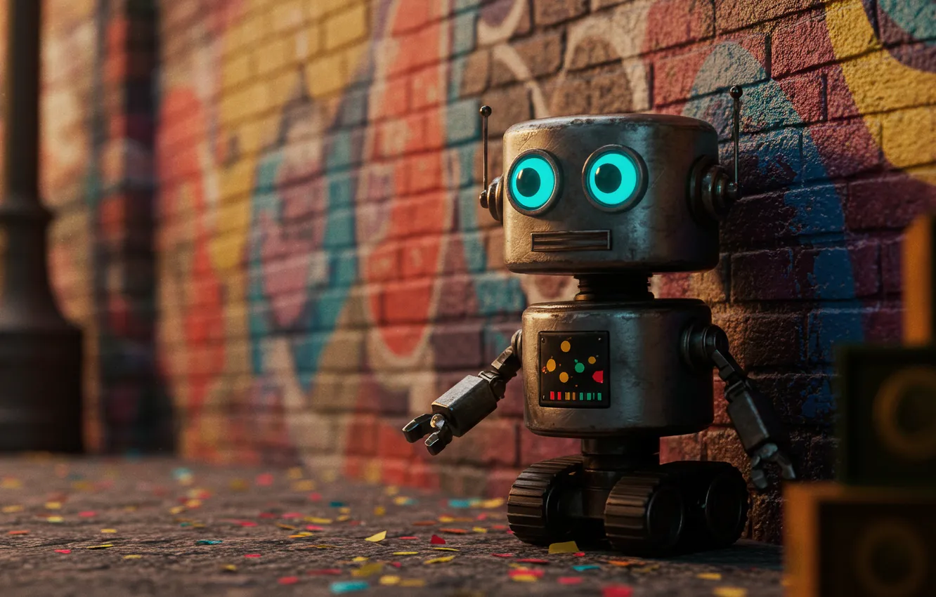 Фото обои стена, обои, граффити, игрушка, робот, арт, wallpaper, wall