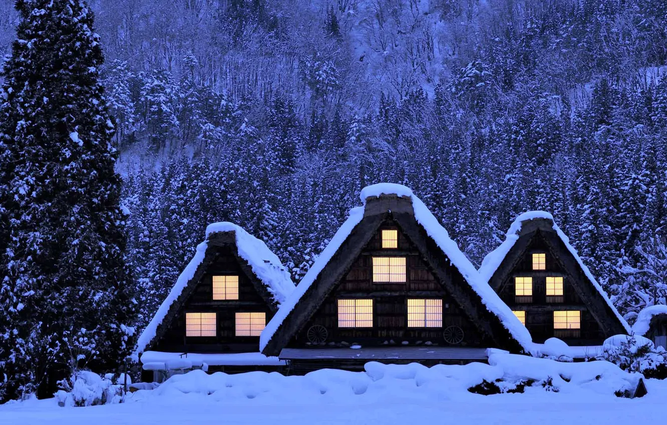 Фото обои зима, снег, дом, Япония, Ширакава-го