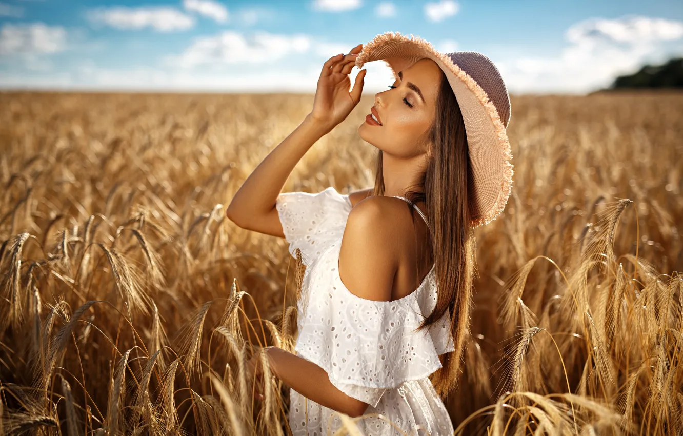 Фото обои поле, лето, девушка, природа, модель, шляпа