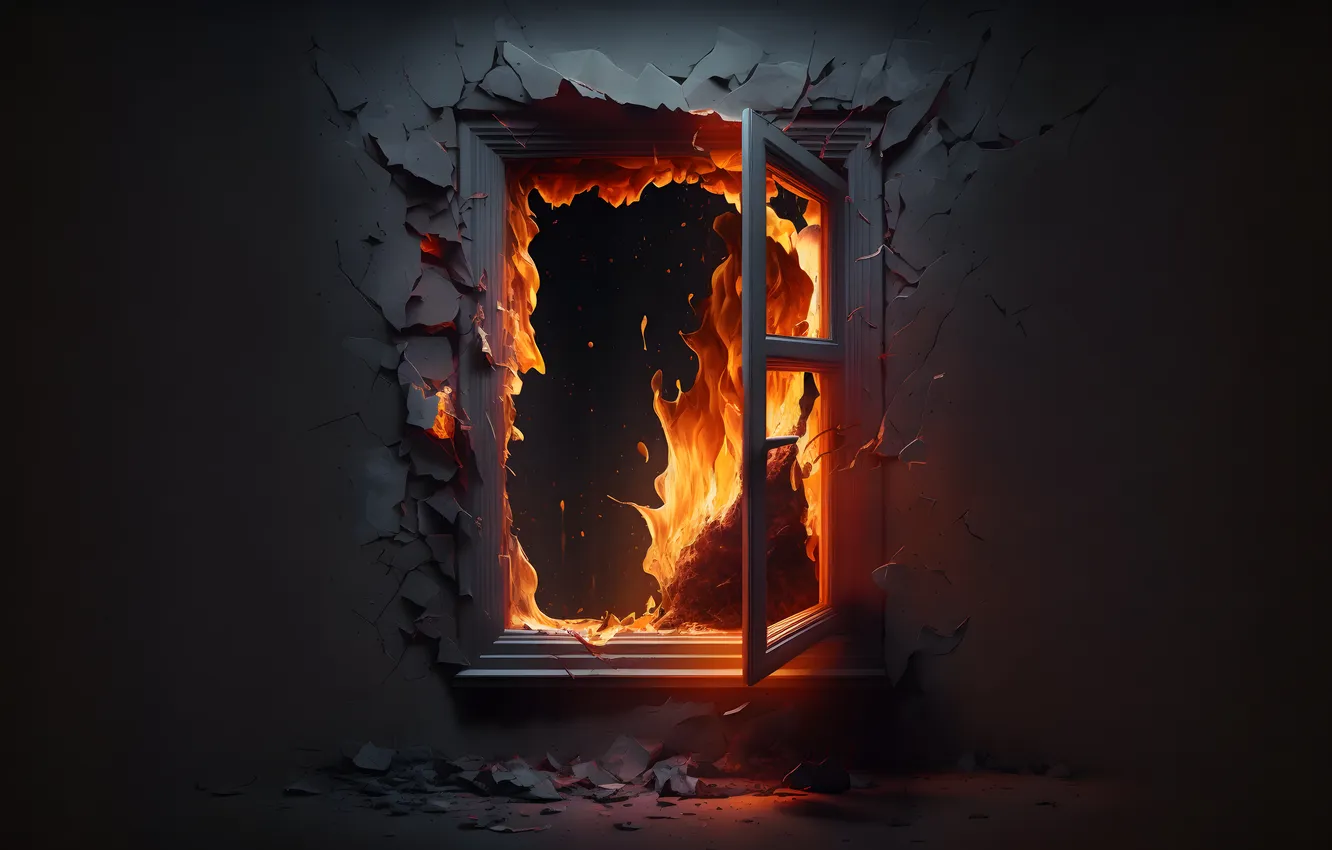 Фото обои огонь, пламя, абстракции, окно, abstract, разрушение, fire, window