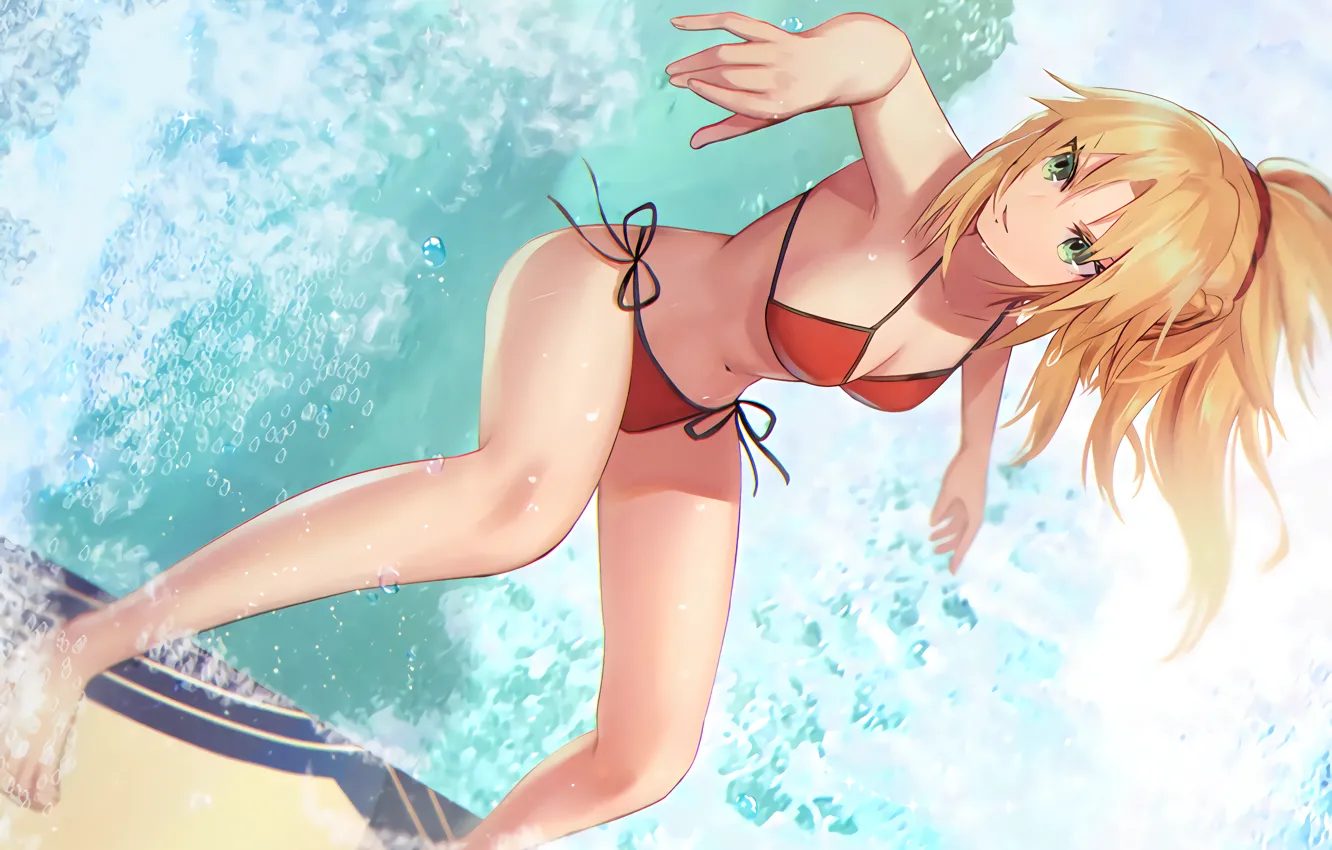 Фото обои girl, sexy, cleavage, green eyes, long hair, sea, boobs, anime
