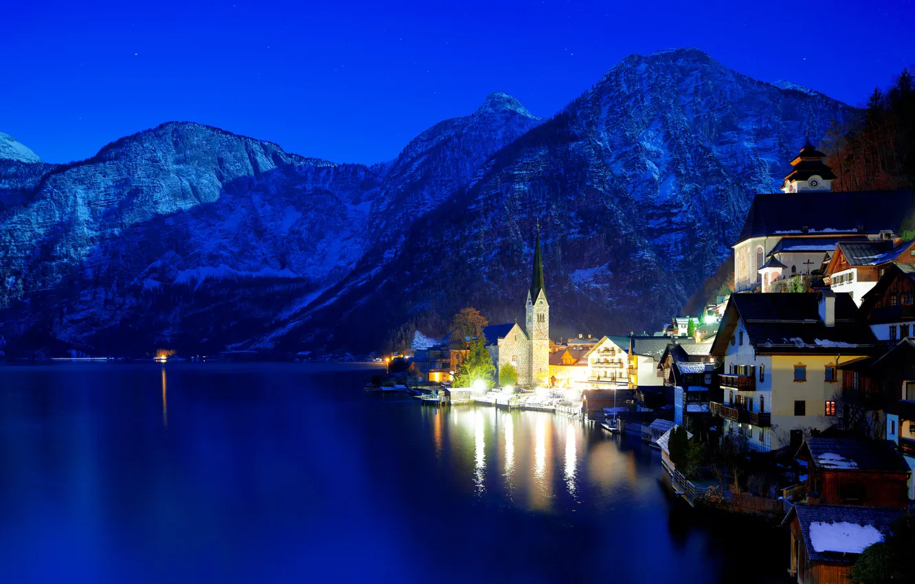 Фото обои зима, ночь, огни, Австрия, Hallstatt