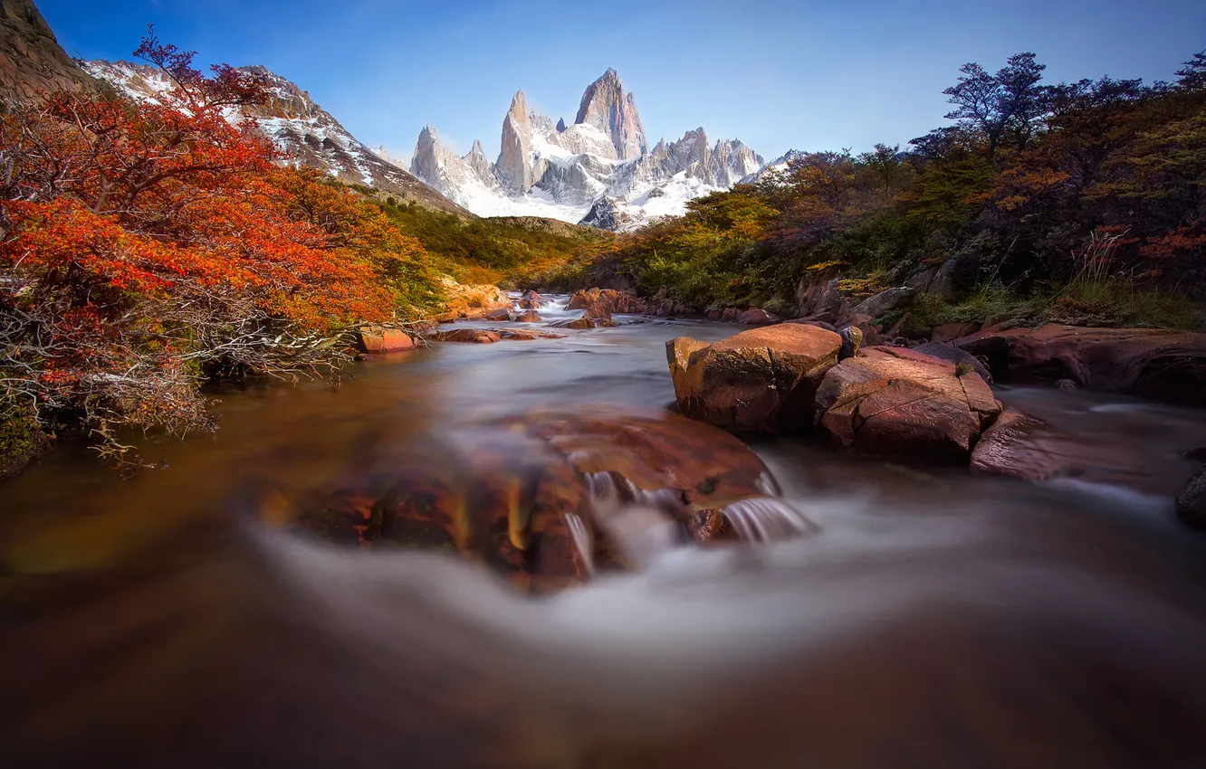 Фото обои осень, вода, горы, камни, поток, выдержка, пики, Анды