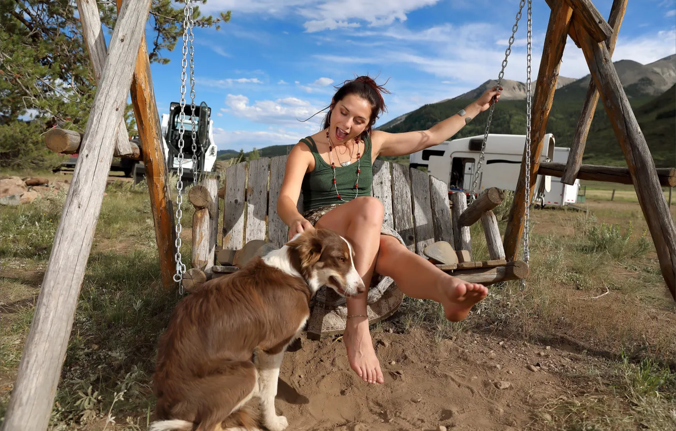 Фото обои dirt, grass, hot girl, brown hair, dog, clouds, tree, hills