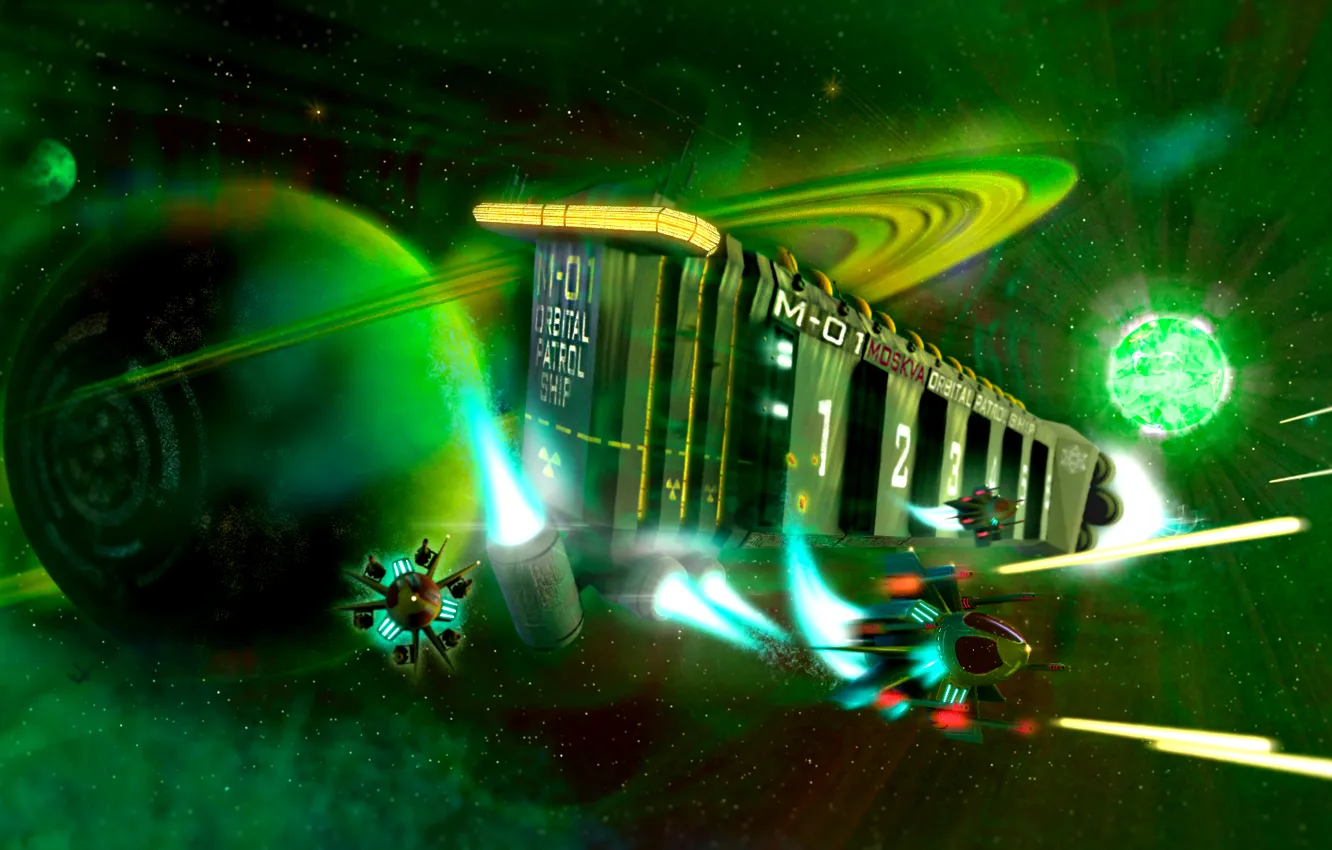 Фото обои космос, звезда, корабль, планета, истребитель, бой, арт, зелёный