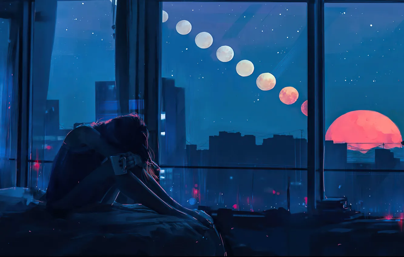 Фото обои девушка, звезды, одиночество, луна, витраж, постель, girl, moon