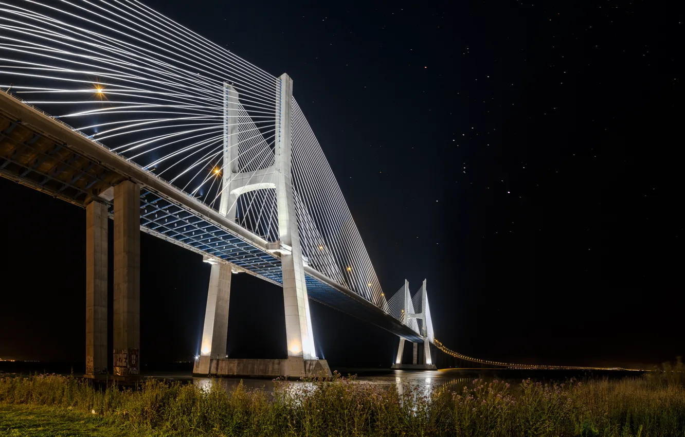 Фото обои звезды, ночь, огни, Португалия, Лиссабон, мост Васко да Гама