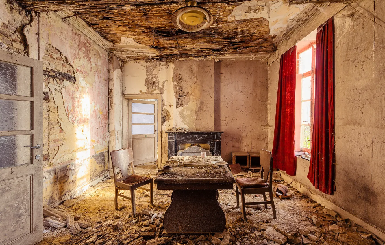 Фото обои window, room, sunlight, fireplace, abandoned, curtains, decay