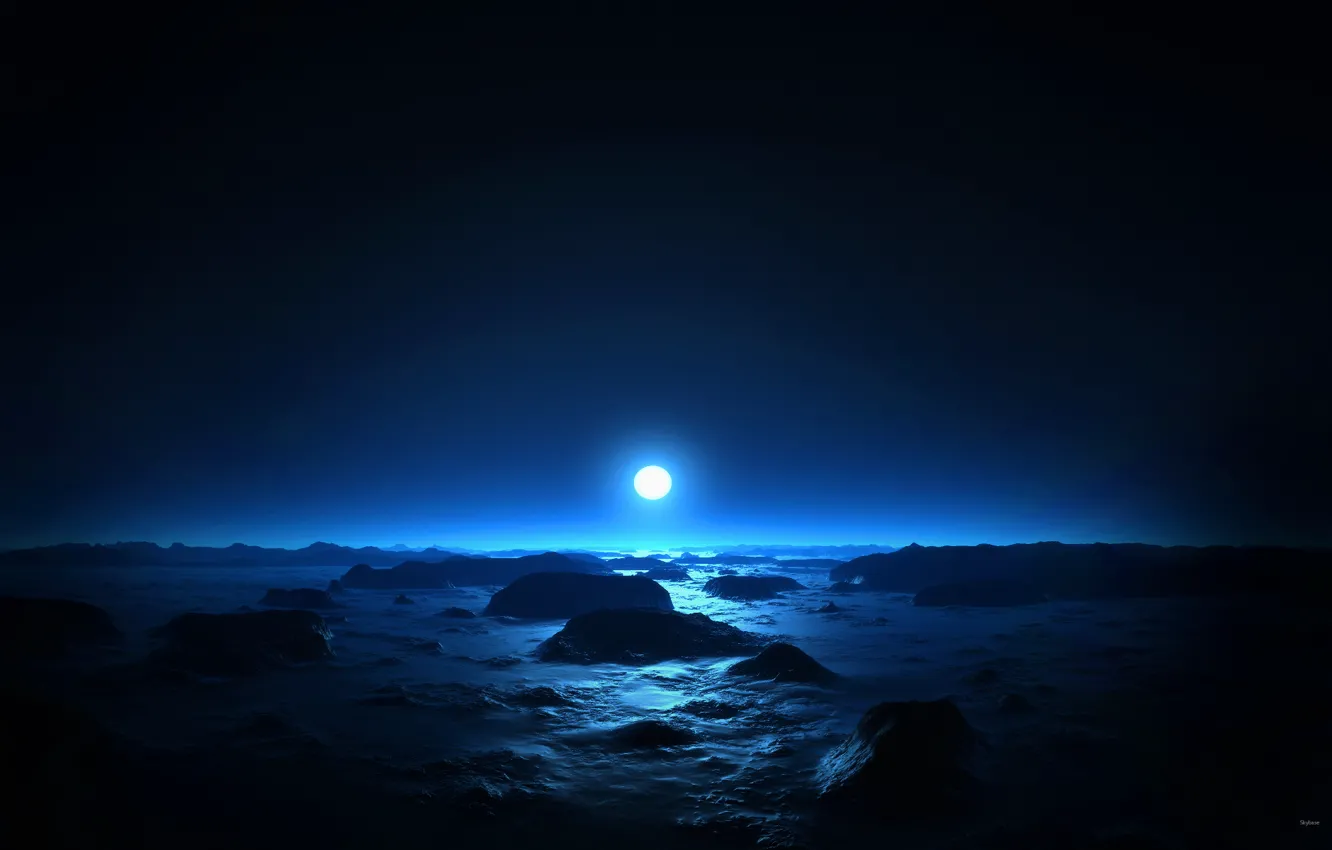 Фото обои море, ночь, луна, Синяя ночь