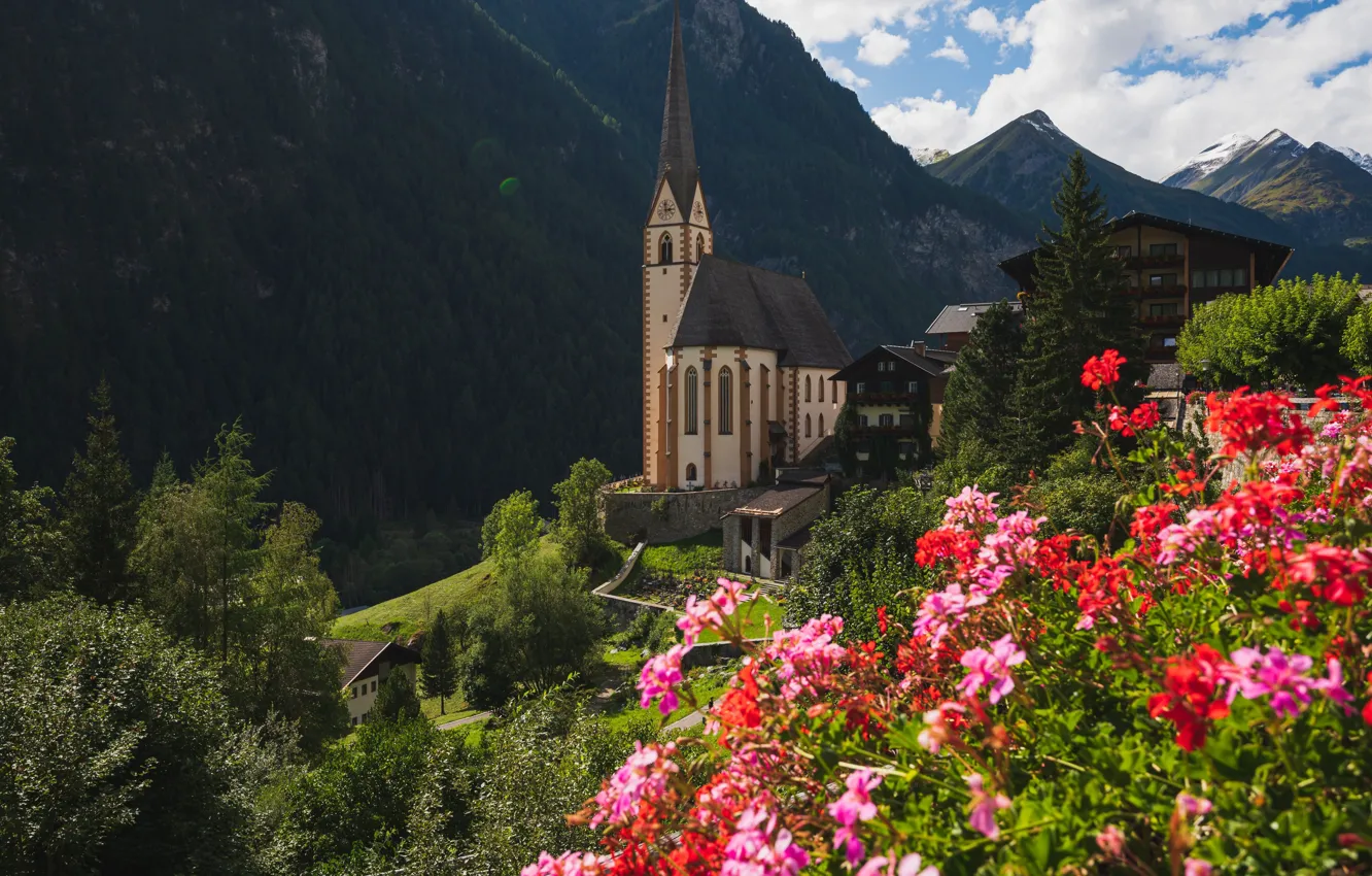 Фото обои горы, Австрия, церковь, Carinthia, Heiligenblut