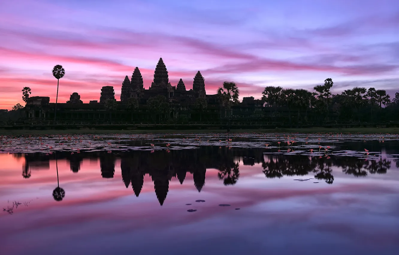 Фото обои небо, вода, отражения, утро, Камбоджа, храмовый комплекс, Ангкор-Ват, អង្គរវត្ត