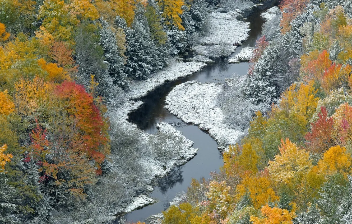 Фото обои зима, осень, лес, снег, река, Природа
