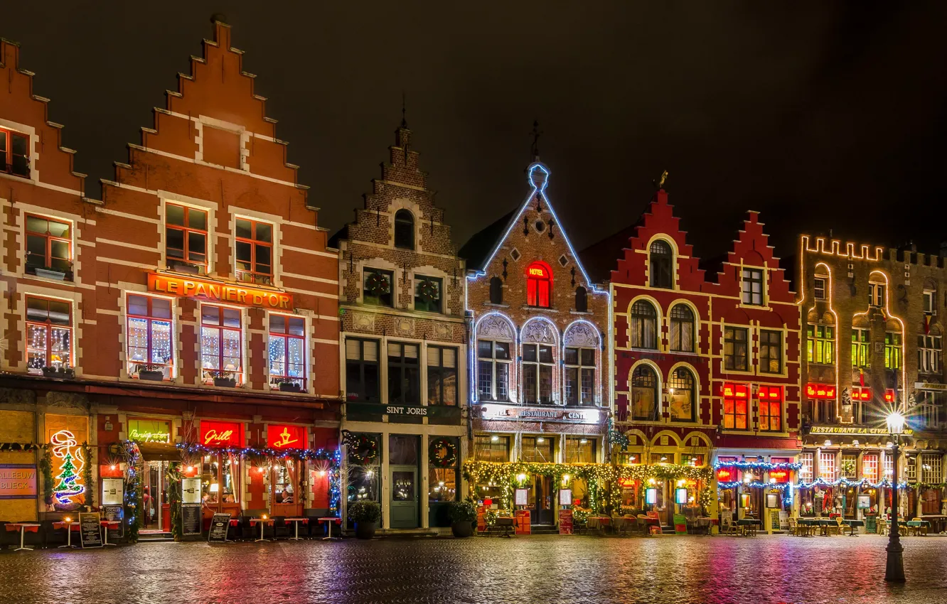 Фото обои ночь, огни, площадь, Рождество, Бельгия, Брюгге, Гроте-Маркт
