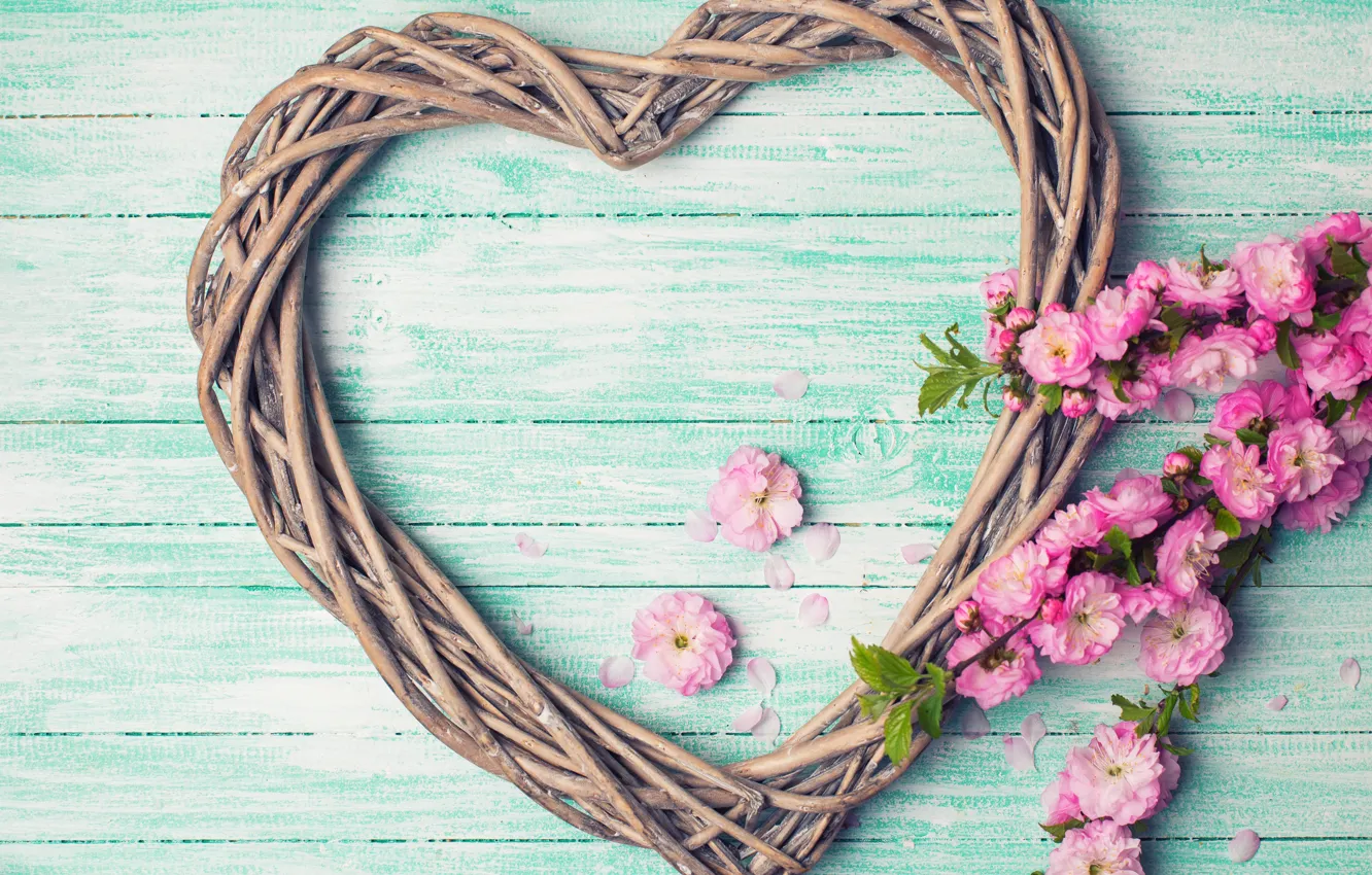 Фото обои цветы, ветки, сердце, love, розовые, бутоны, heart, wood