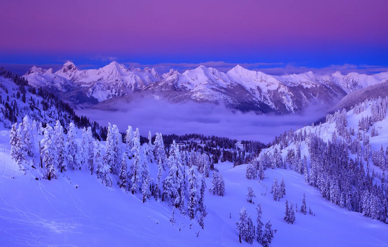 Фото обои Clouds, Sky, Purple, Winter, Mountain, Snow, Lanscape