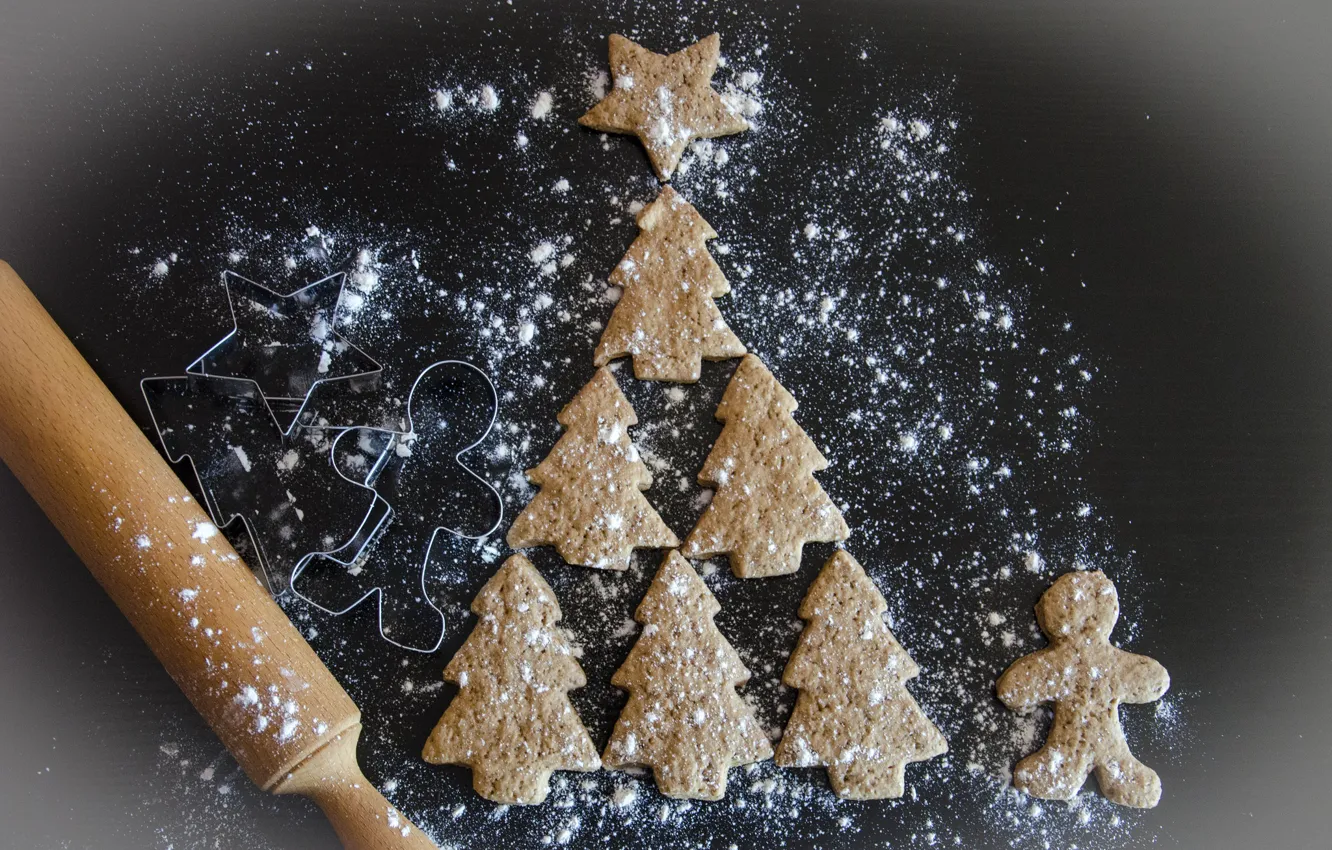 Фото обои печенье, Рождество, Новый год, ёлка, скалка, формочки