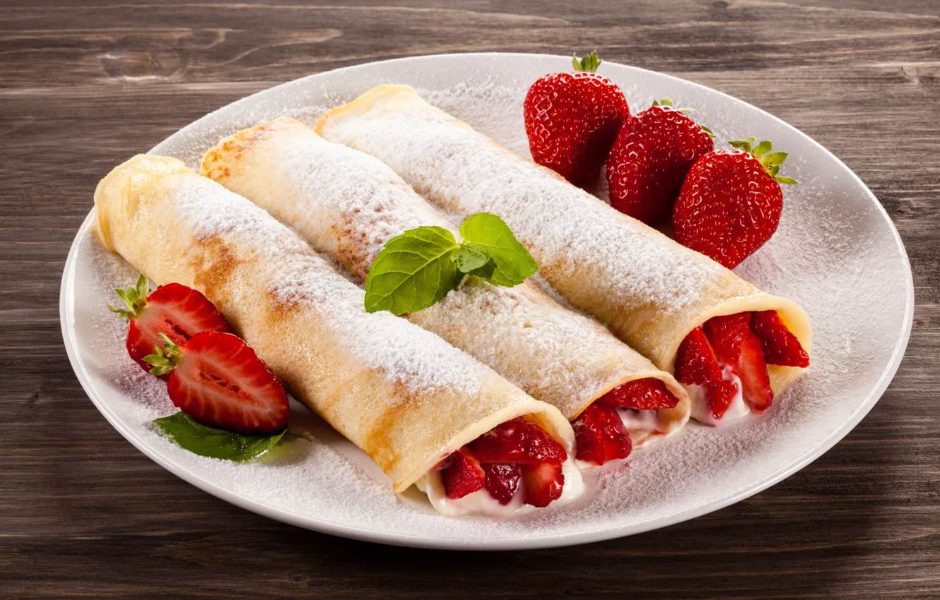 Фото обои ягоды, завтрак, клубника, мята, Strawberry, dessert, сахарная пудра, pancake