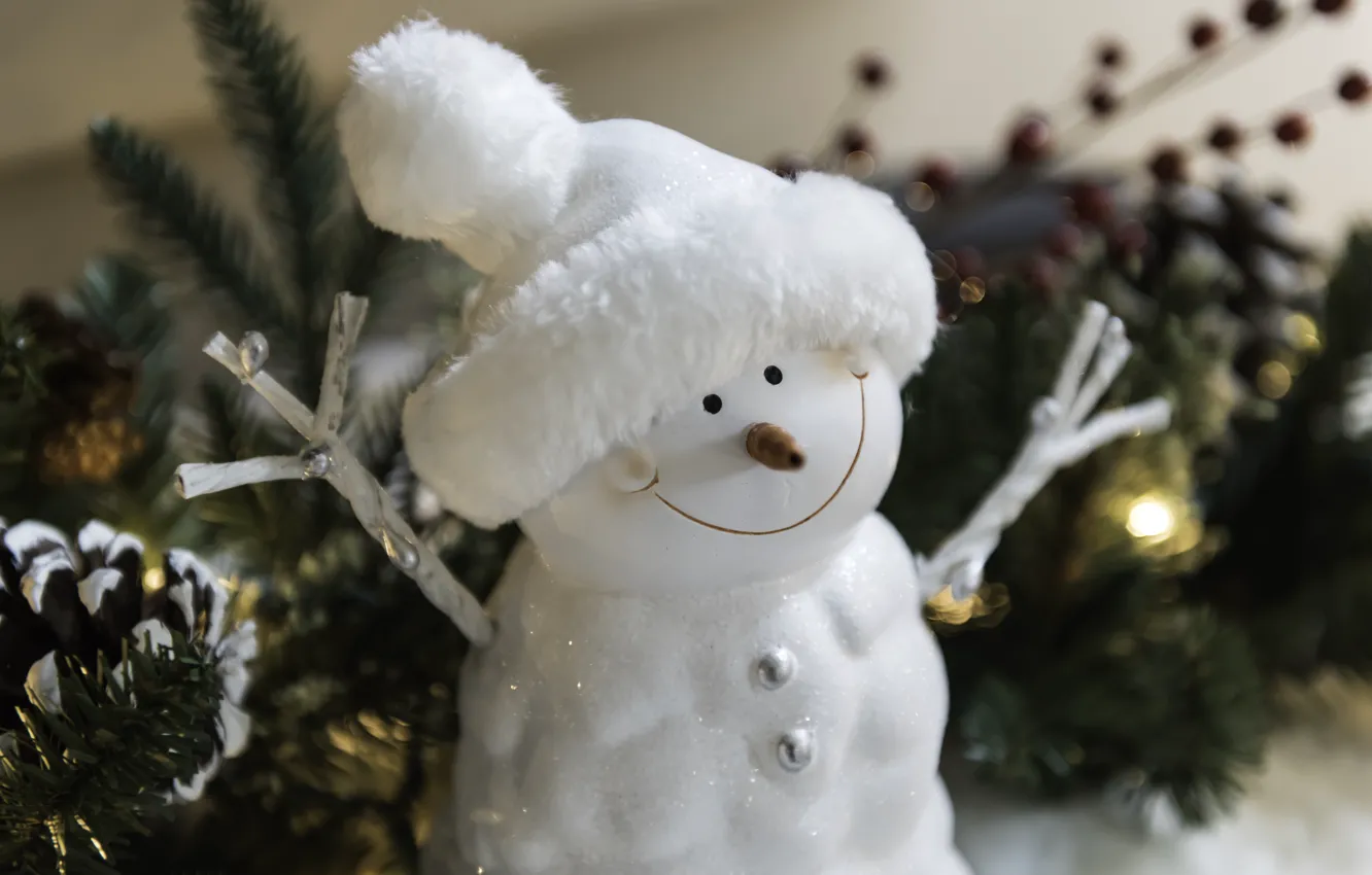 Фото обои зима, белый, ветки, улыбка, праздник, шапка, игрушка, руки