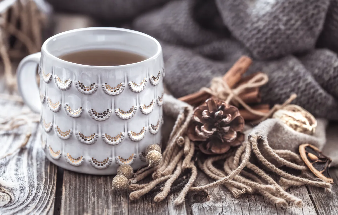 Фото обои зима, украшения, чай, шарф, Рождество, кружка, Новый год, new year