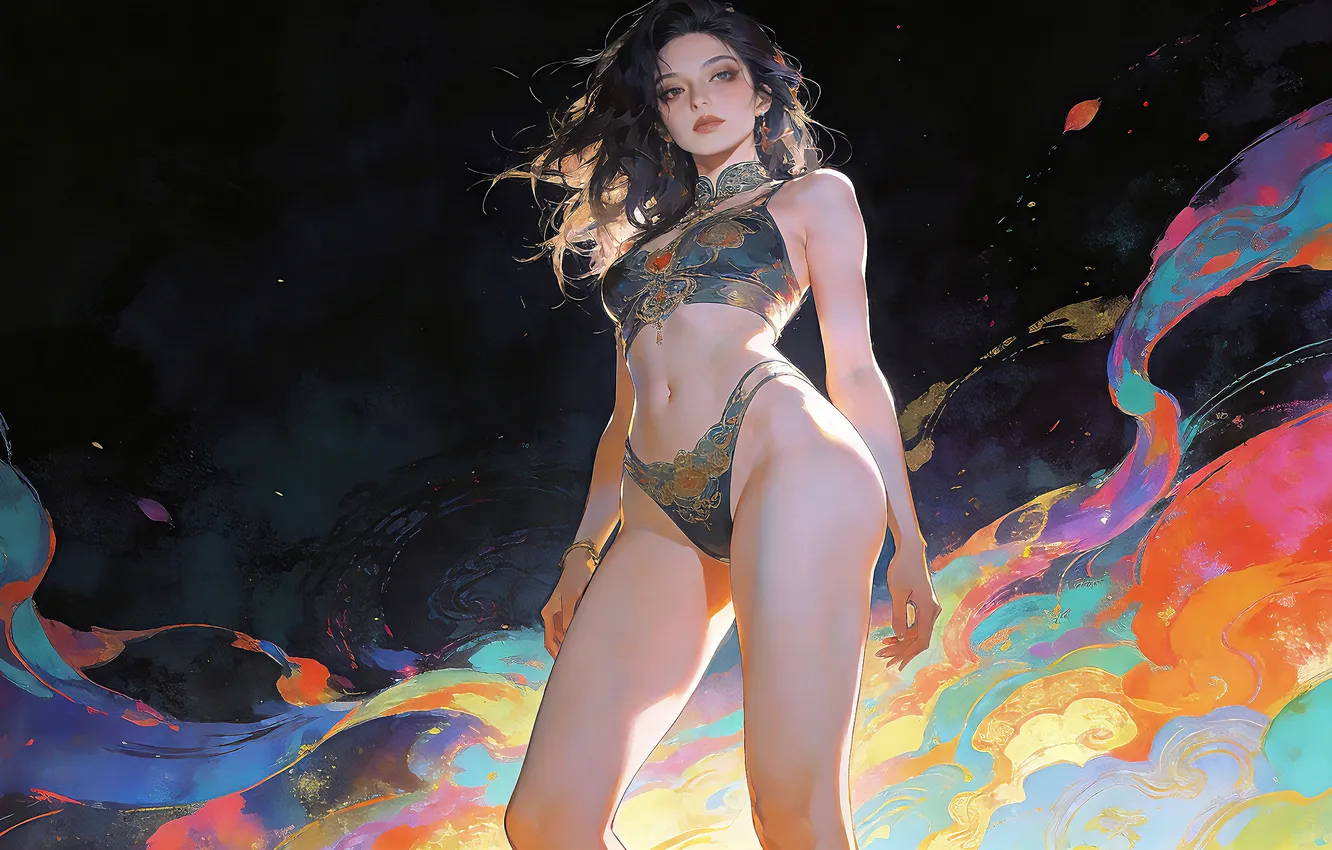 Фото обои girl, brunette, asian, swimsuit, ai art